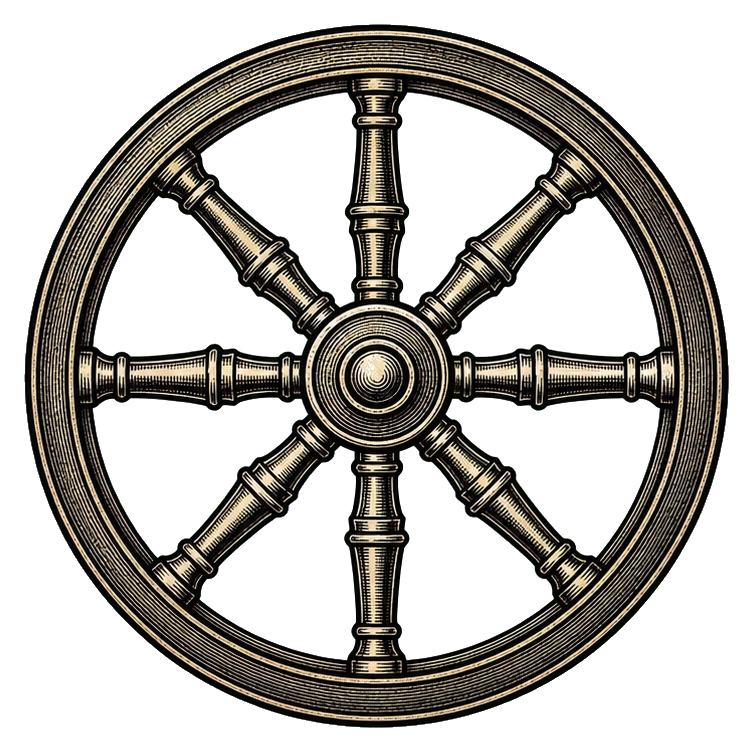 Ornate ink engraving style dharma wheel with eight spokes.