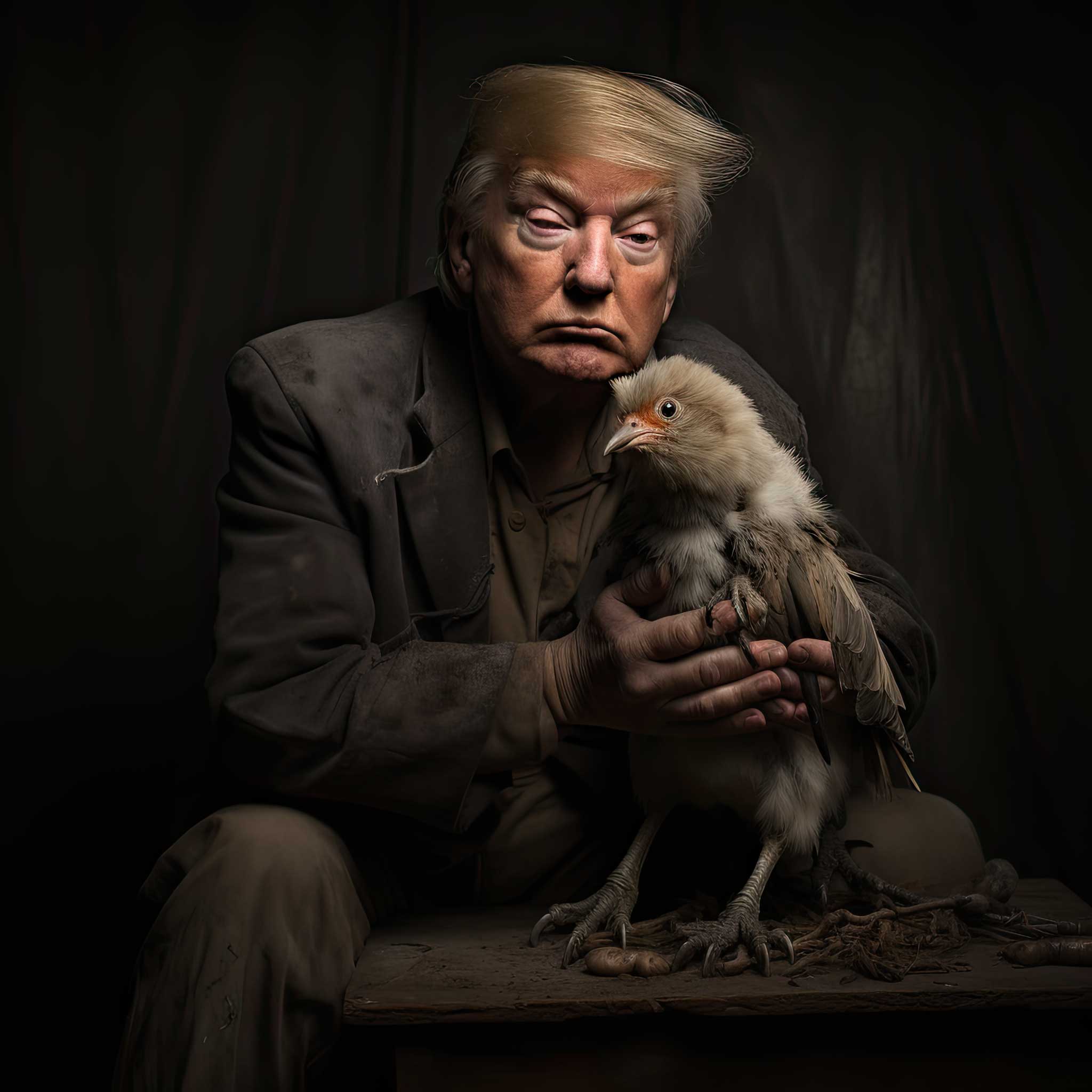 A serious man in dark clothing holds a bird in a dimly lit portrait.