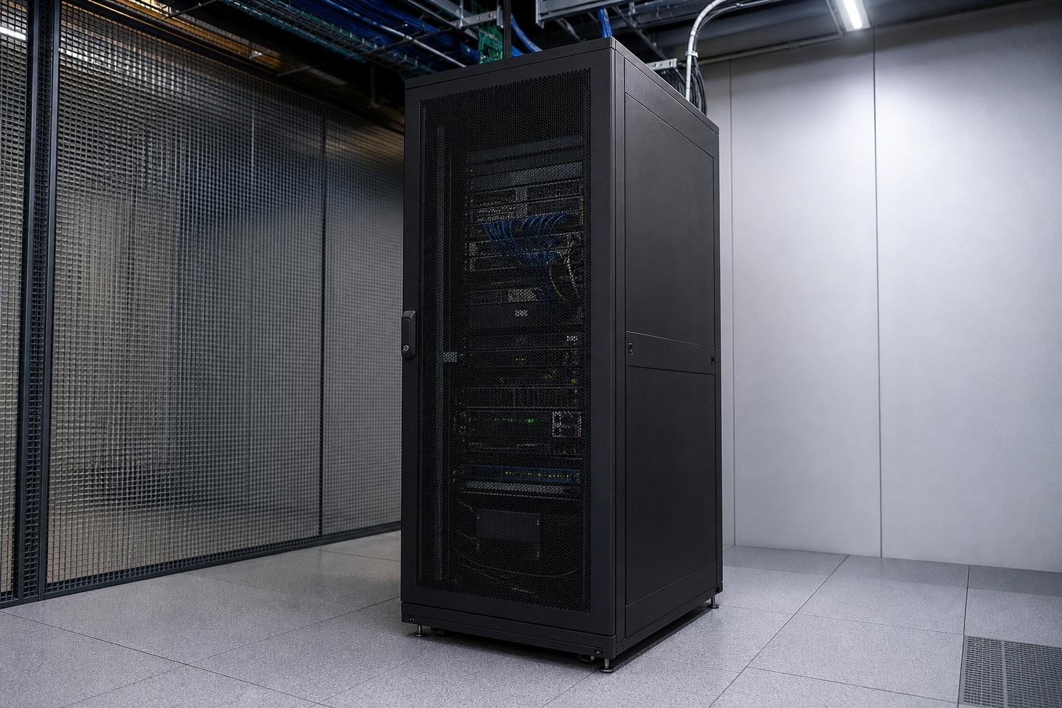 A black server rack in a modern server room with visible network cables.