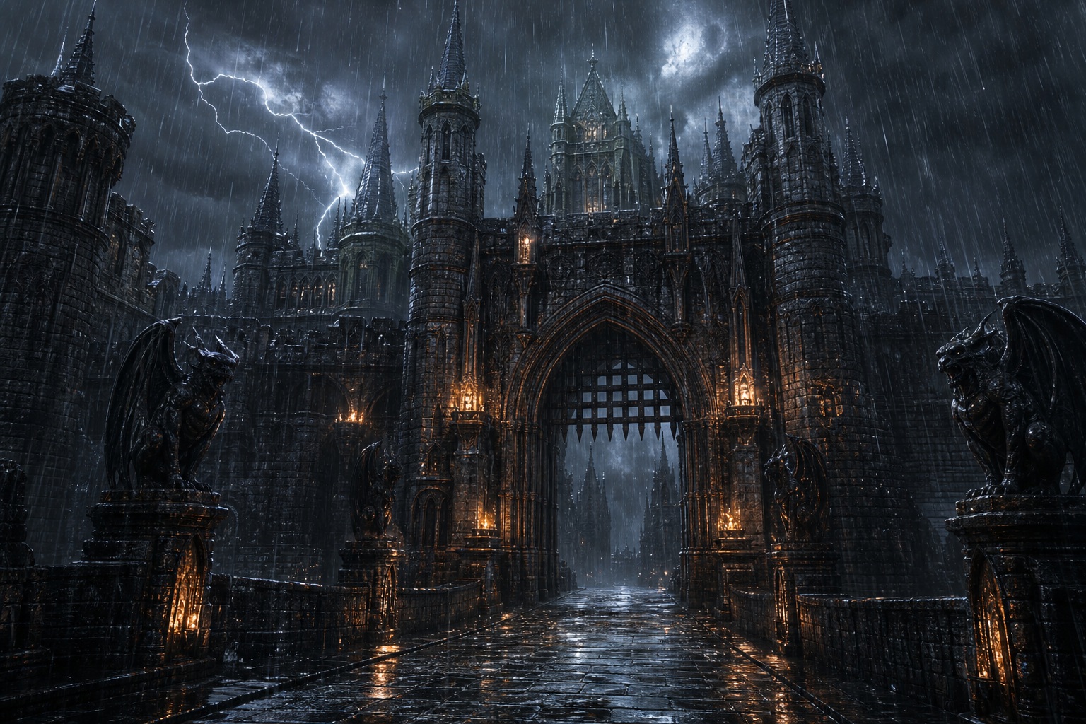 Dark gothic castle gate under a stormy sky with glowing lights and wet ground.