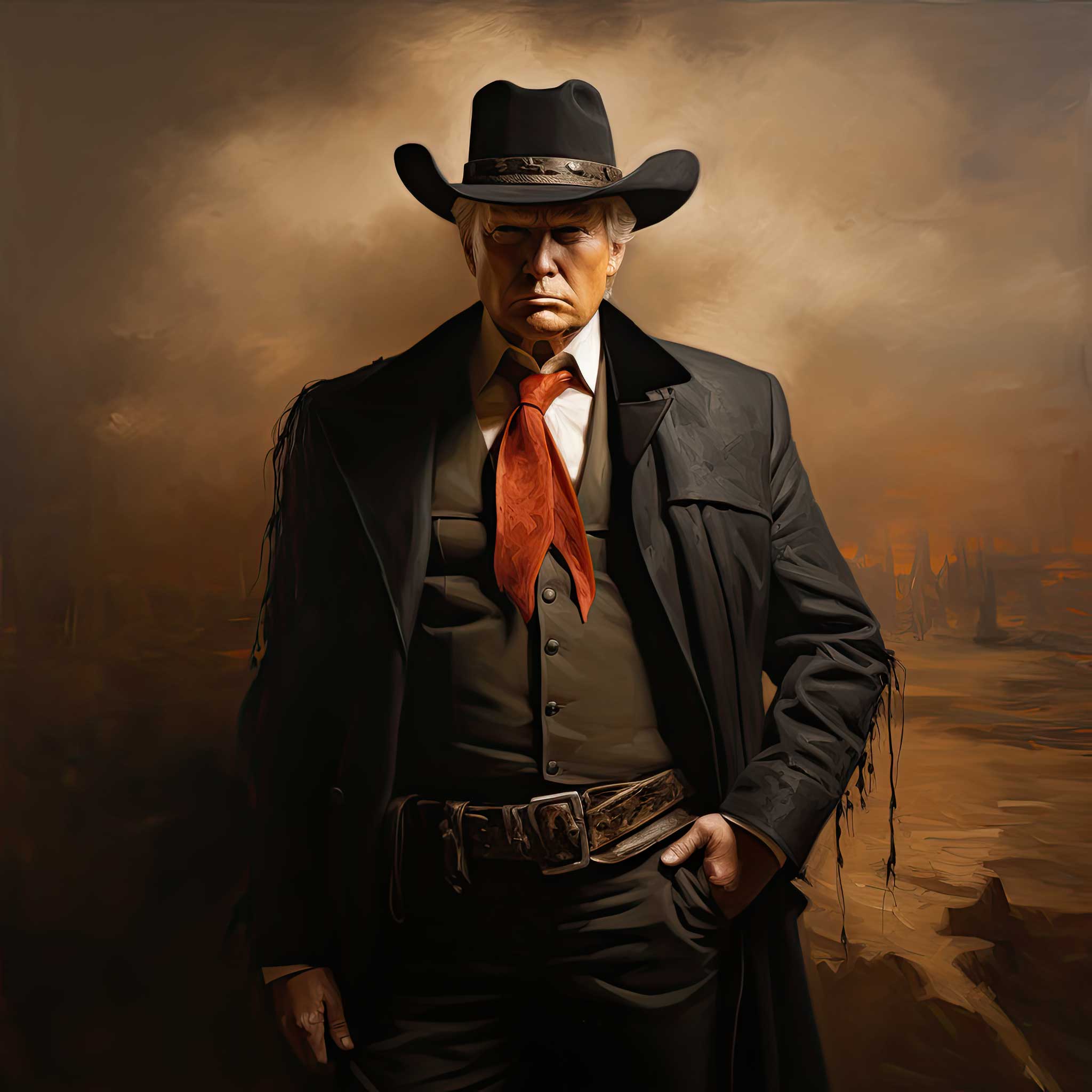 A lone cowboy in a black hat and coat standing in a smoky western landscape.