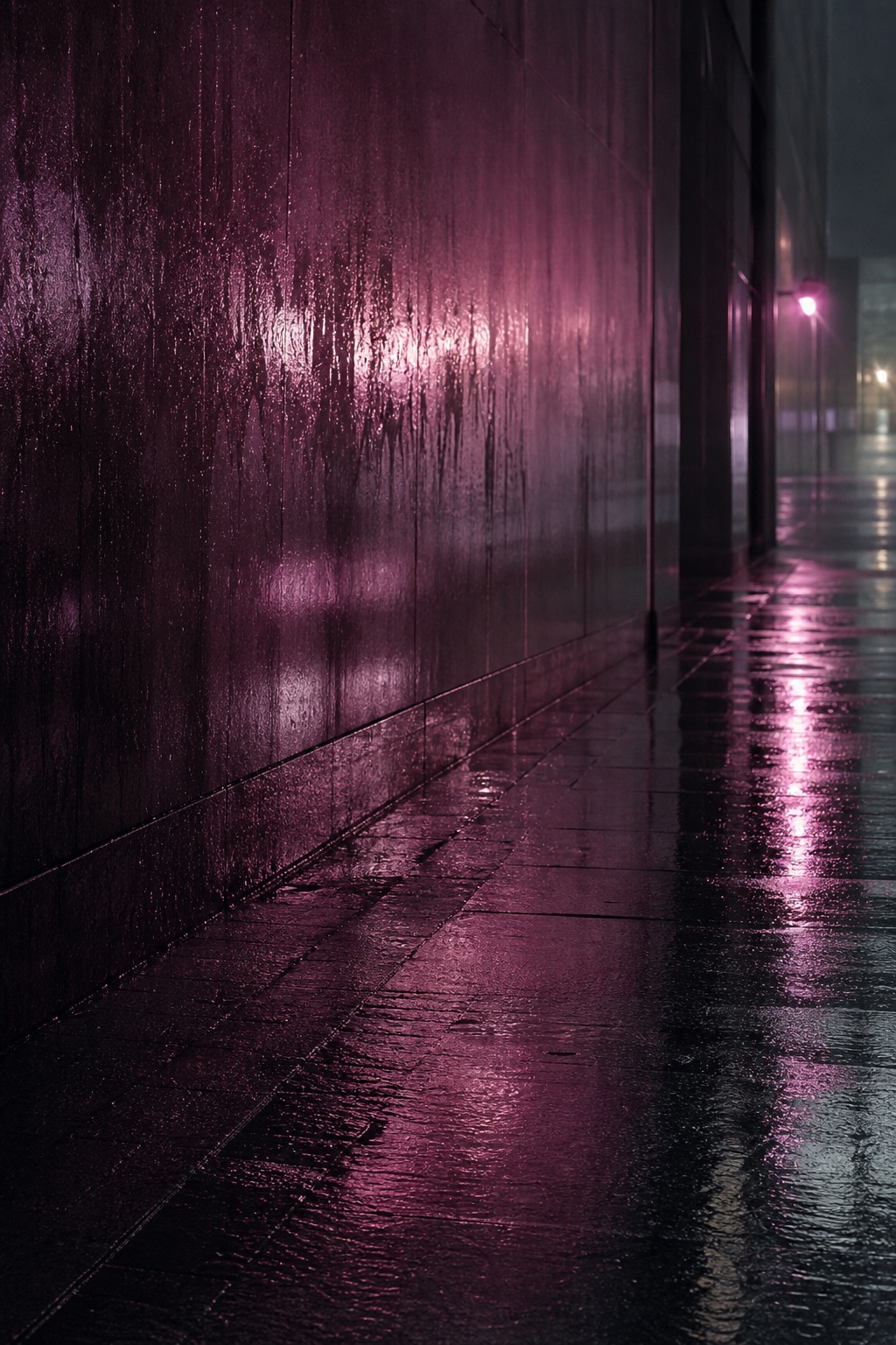 Wet urban wall and sidewalk glowing with plum-colored reflected light in the rain.