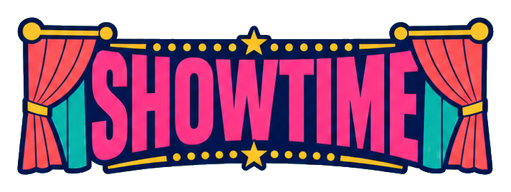 Pink Showtime text framed by red curtains with stars on a black background