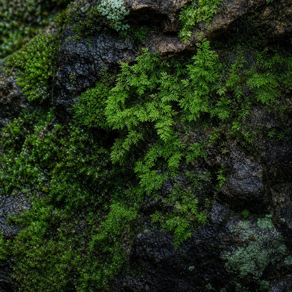 Dark stone covered with dense green moss and forest floor texture