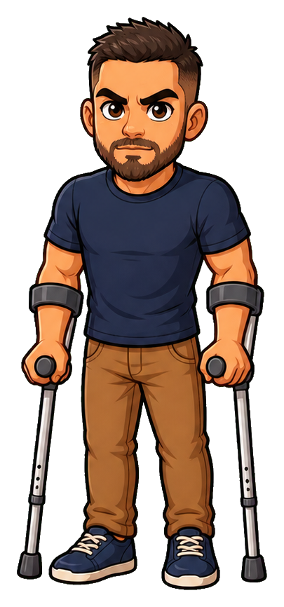 Determined man standing with forearm crutches, wearing a dark shirt and brown pants.