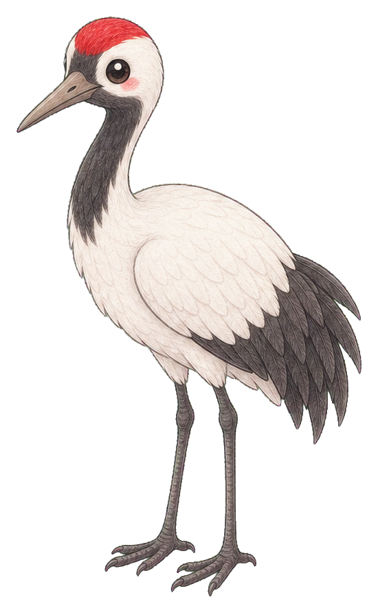 Cute red crowned crane with white body and dark wings standing in profile.