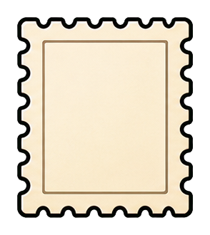 Blank cream postage stamp sticker with scalloped edges and a thin inner border.