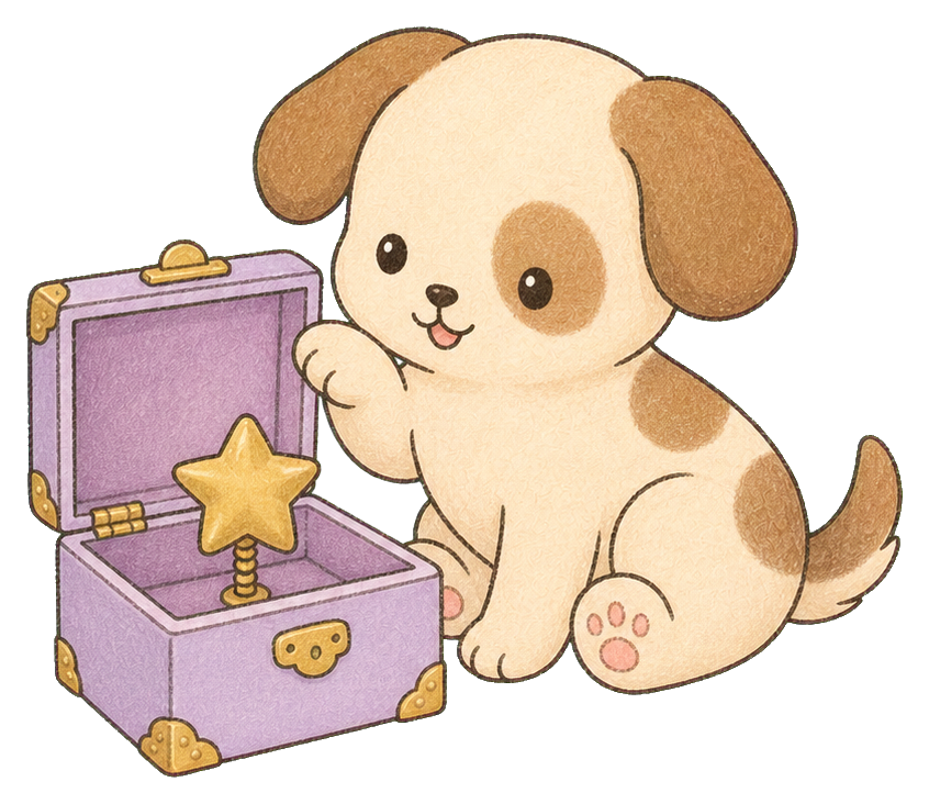 Cute puppy sitting beside a purple music box with a star on the lid