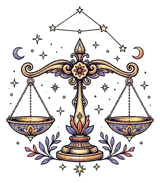 Ornate Libra scales with stars, floral details, and celestial accents