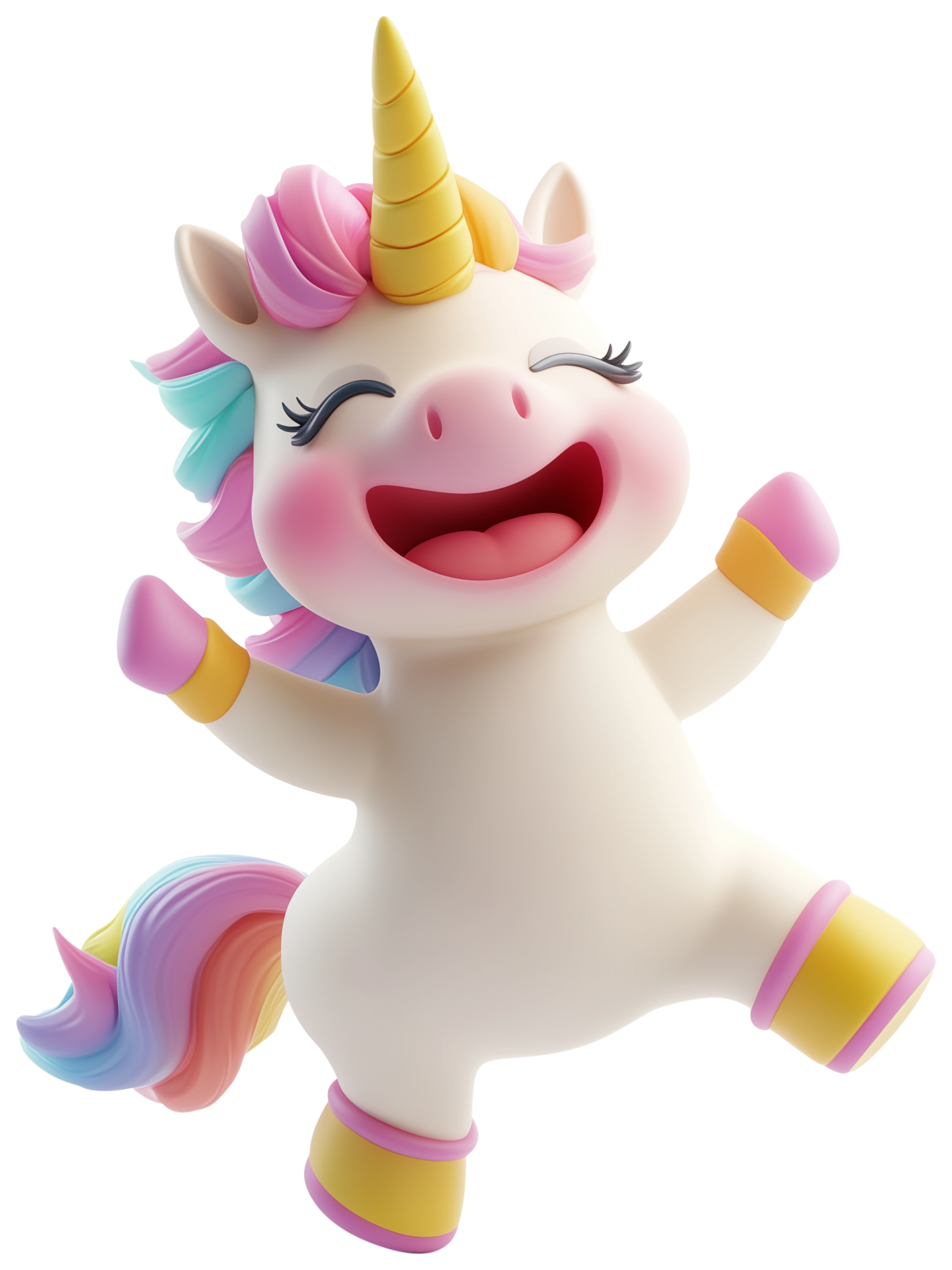 Cheerful cartoon unicorn sticker with rainbow mane, raised arms, and a smiling face