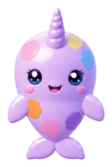 Cute pastel narwhal character with a striped horn and smiling face