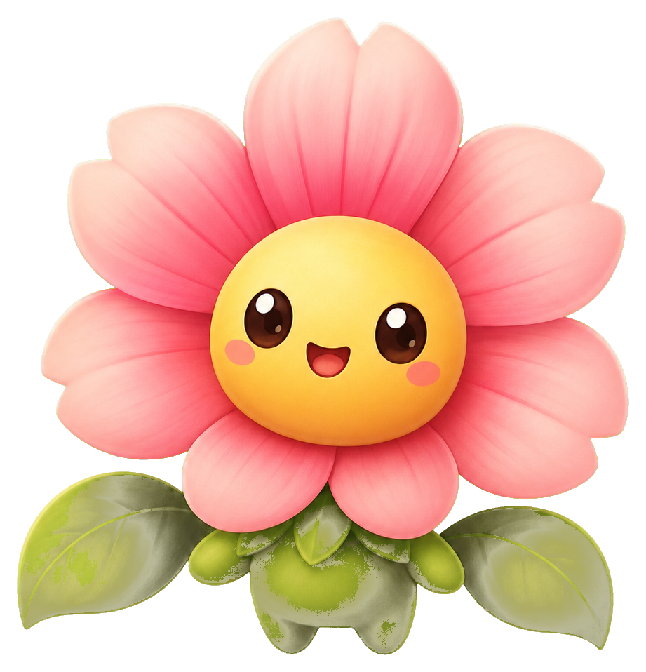 Cute smiling flower sprite with pink petals, yellow face, and green leaves