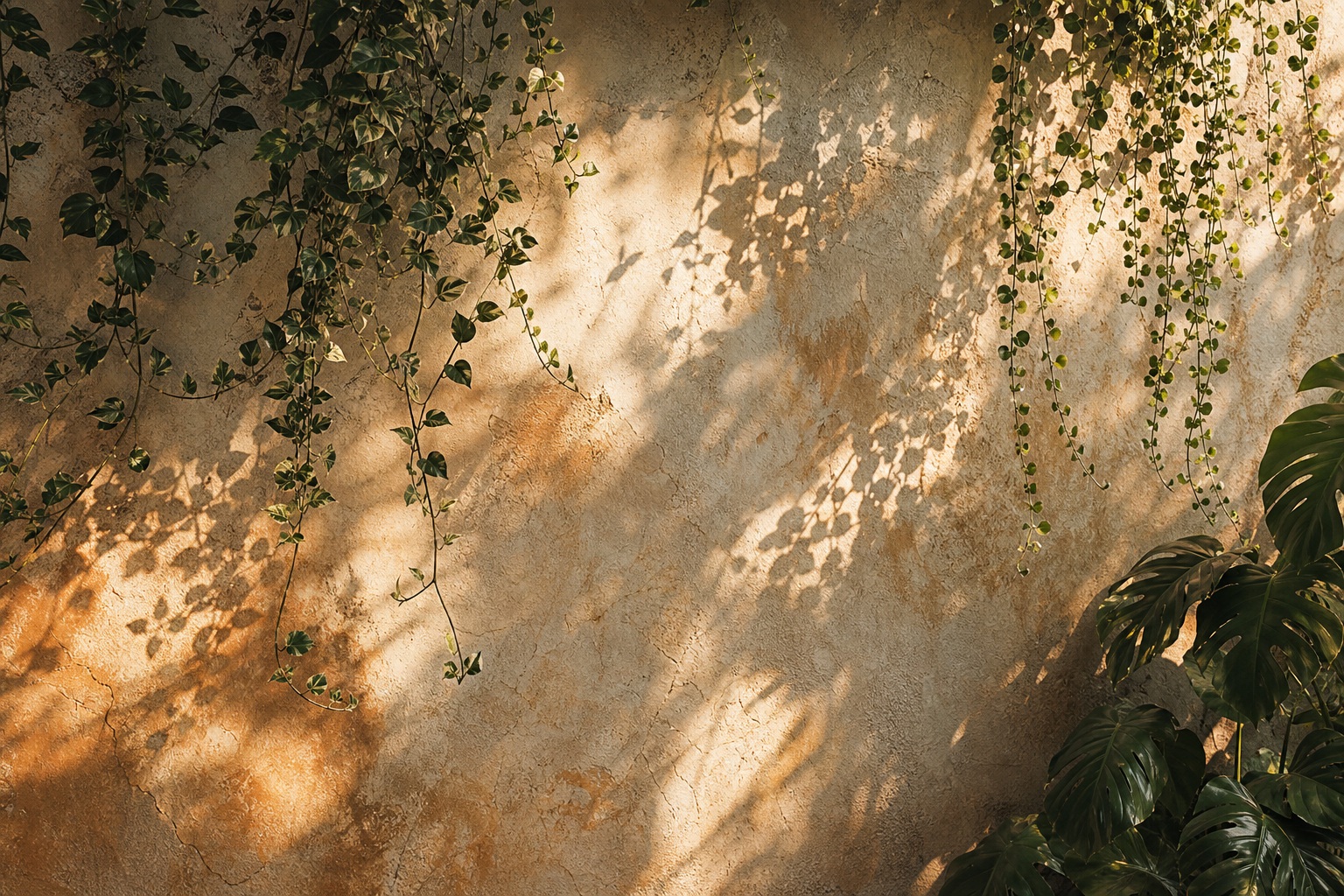 Soft leaf shadows falling across a plaster wall with hanging greenery at the edge