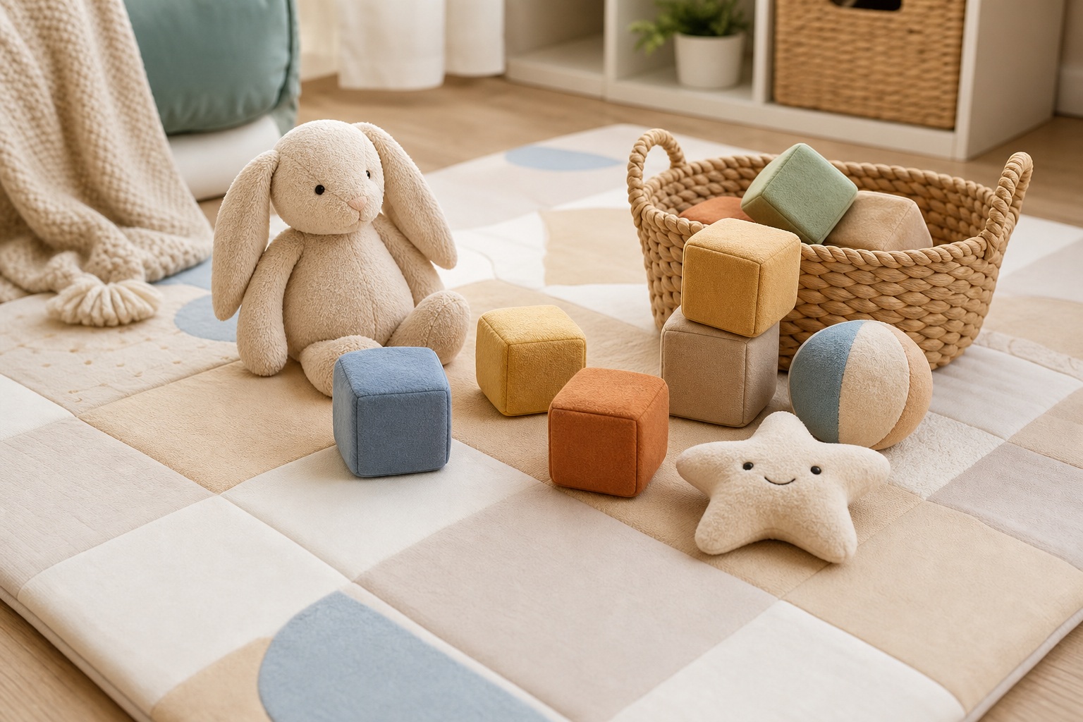 Soft baby play mat with wooden toy blocks, plush bunny, and toy ball in a nursery corner.