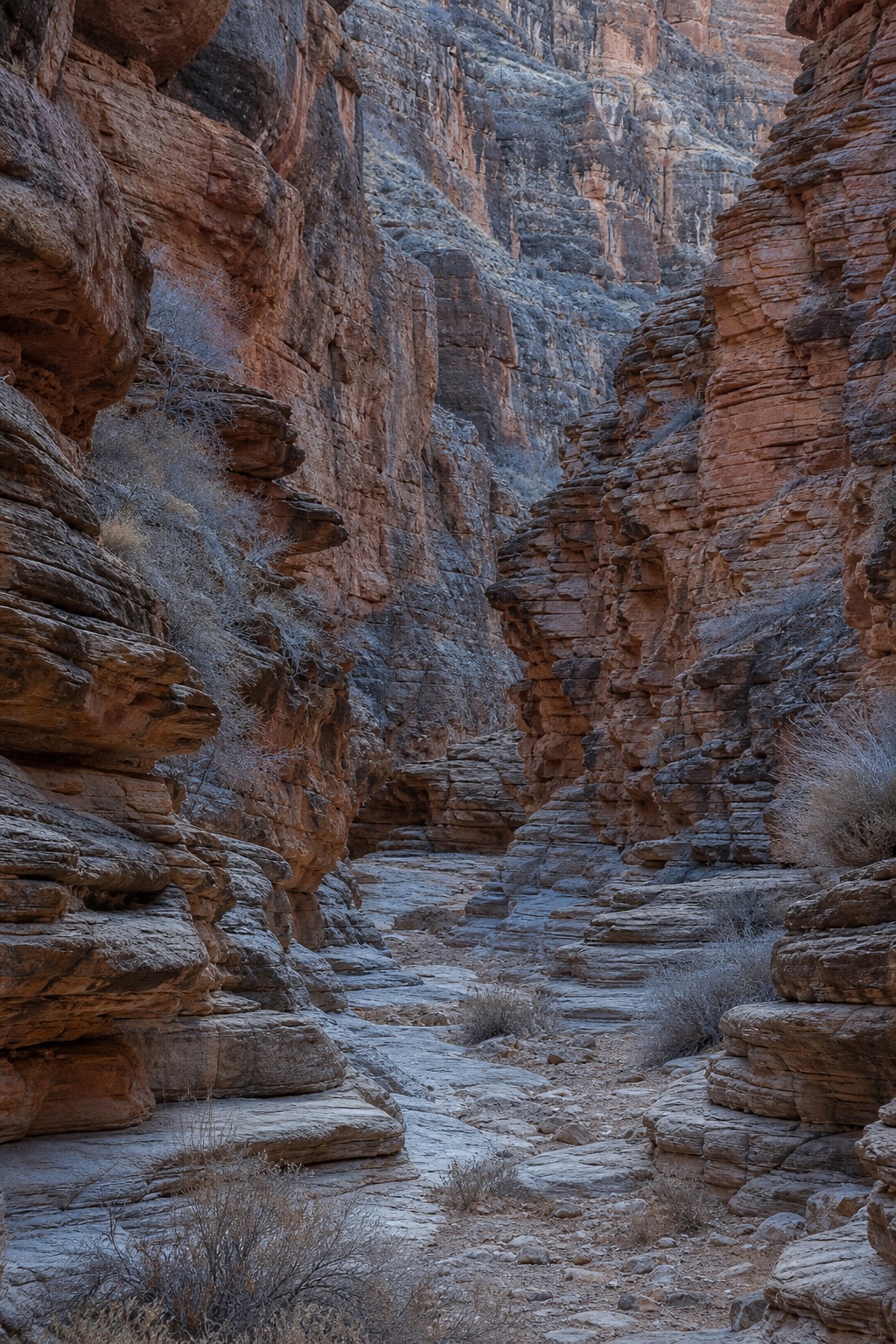 Narrow sandstone canyon with layered rock walls and a rocky path in cool winter light.