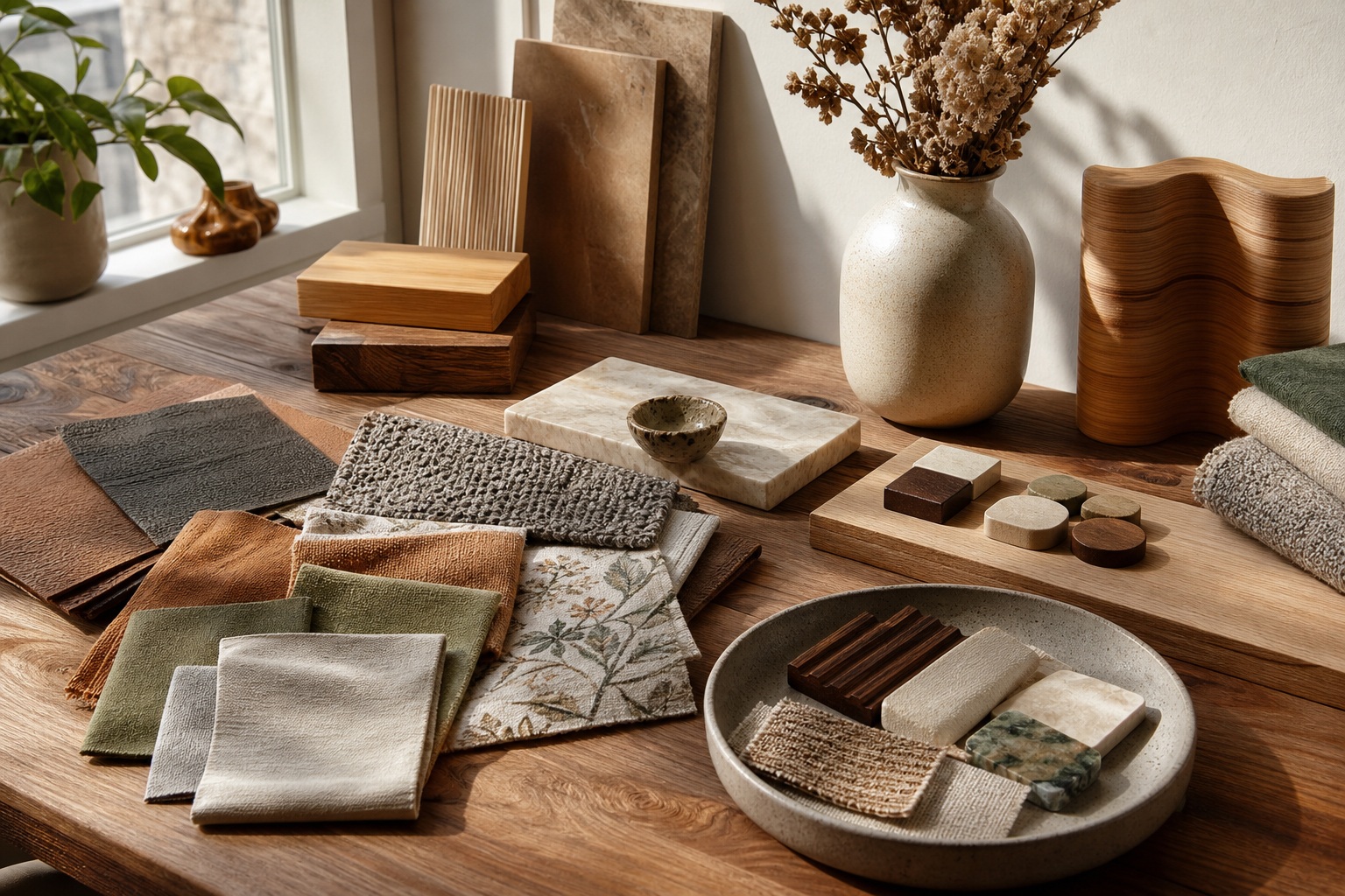 Wooden desk with fabric swatches, notebooks, decor pieces, and dried flowers in warm light.