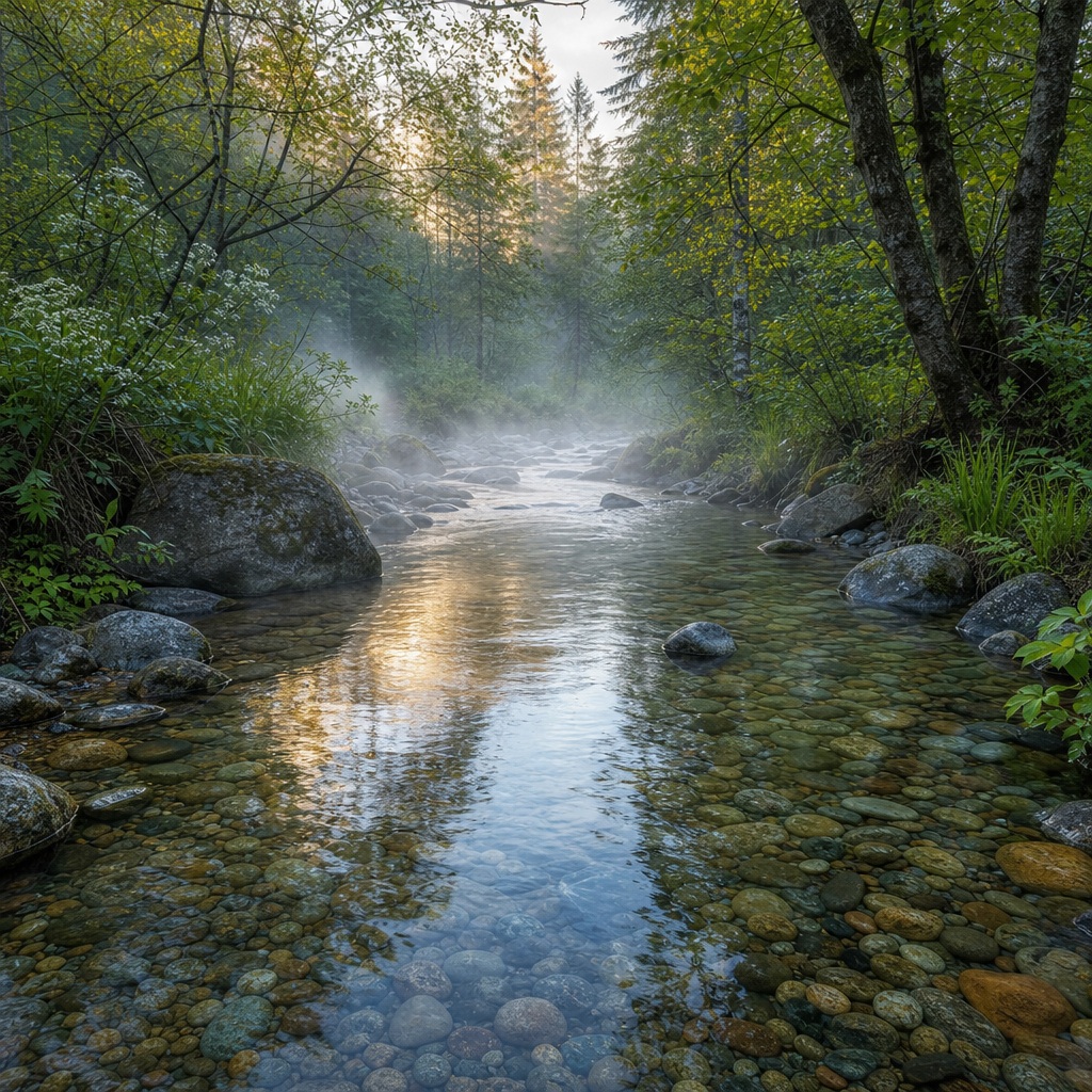 Misty woodland creek with clear pebbles, calm water, and soft morning light through trees.