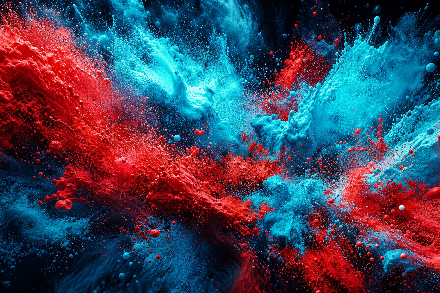 Red and cyan pigment-like burst spreading across a dark abstract background.