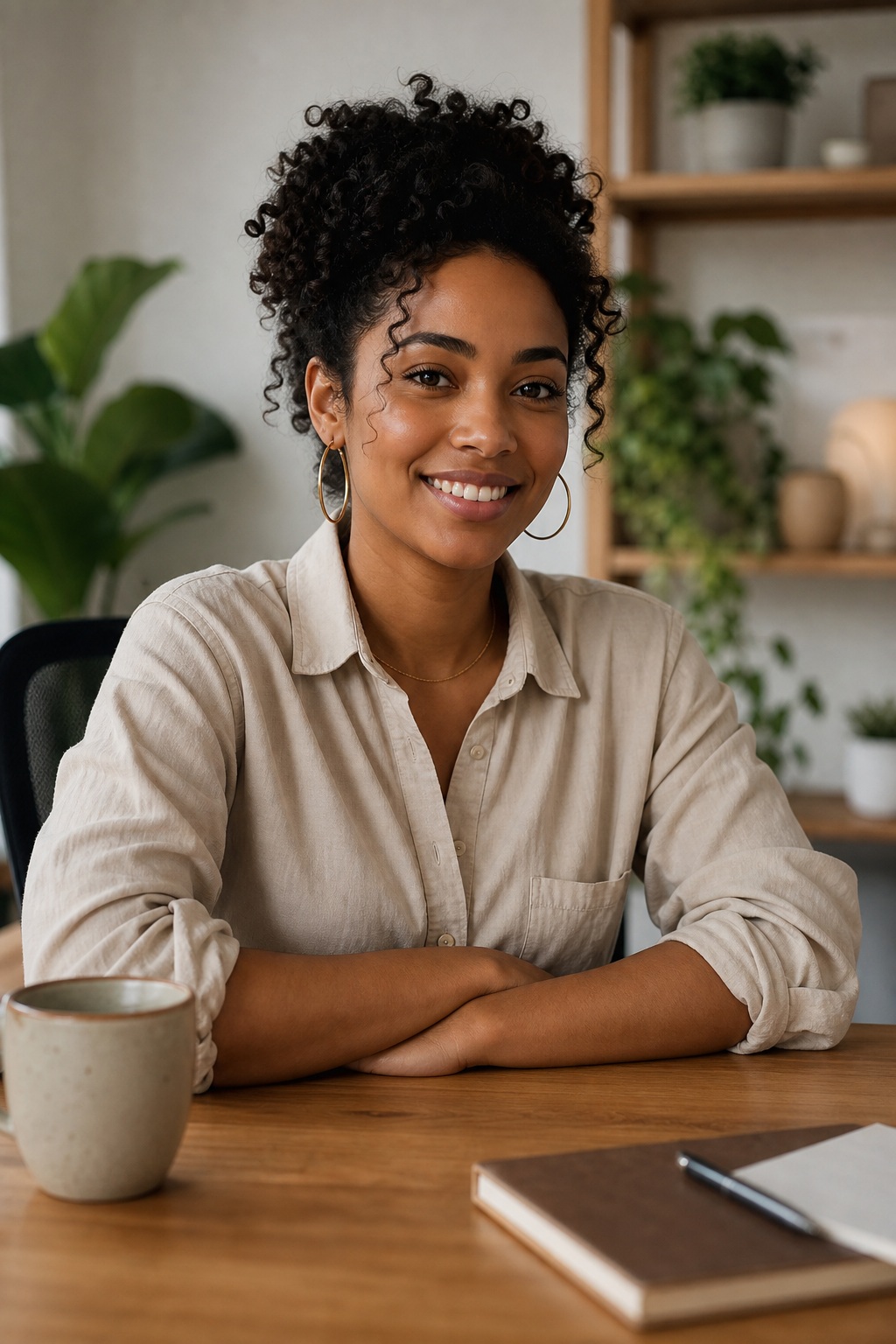 Smiling woman seated at a desk in a cozy home office with a mug and notebook.