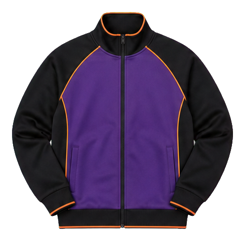 Black and purple basketball warmup jacket with zipper and orange trim