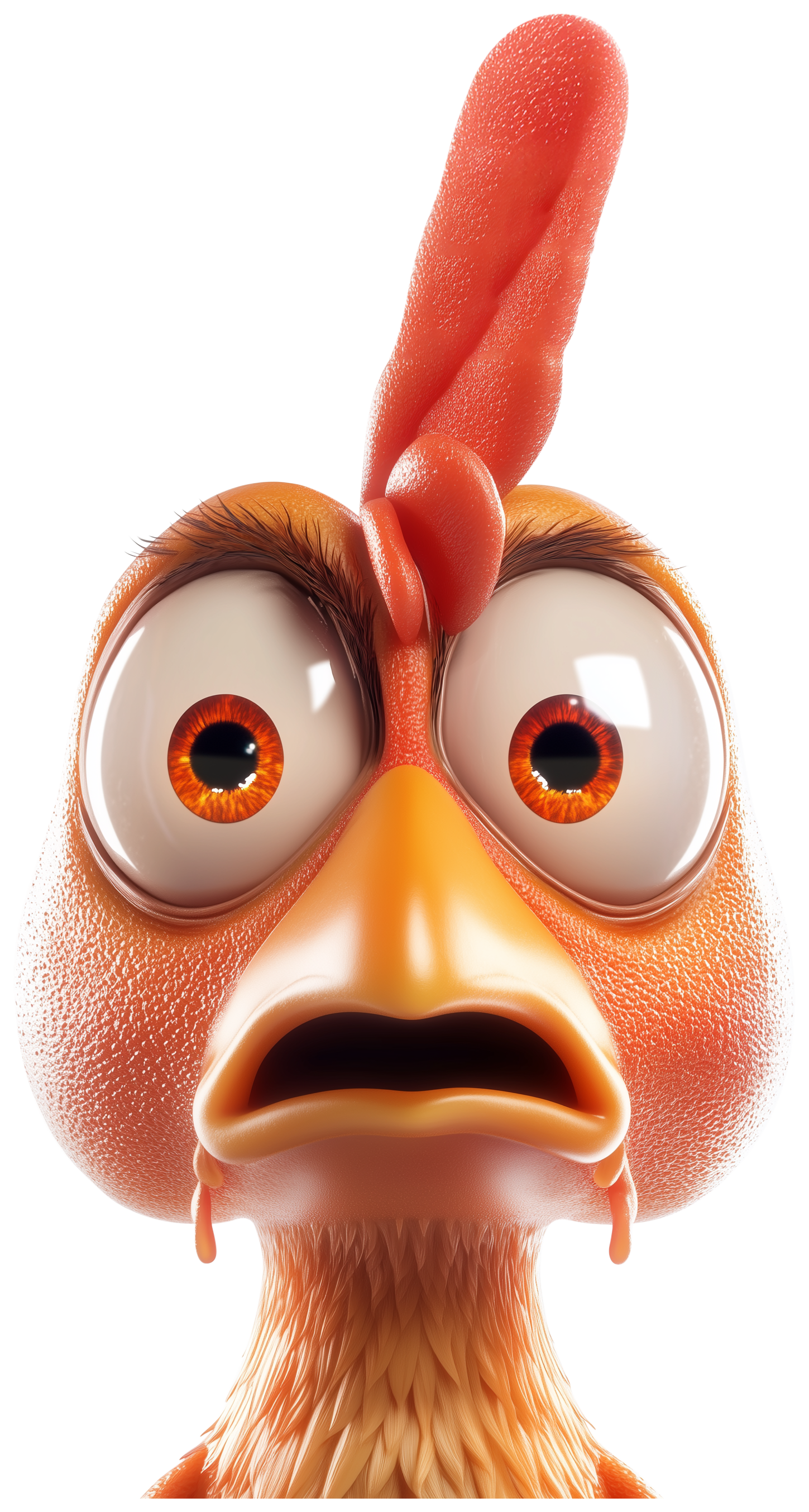 A 3D cartoon chicken face with wide orange eyes and an open beak.