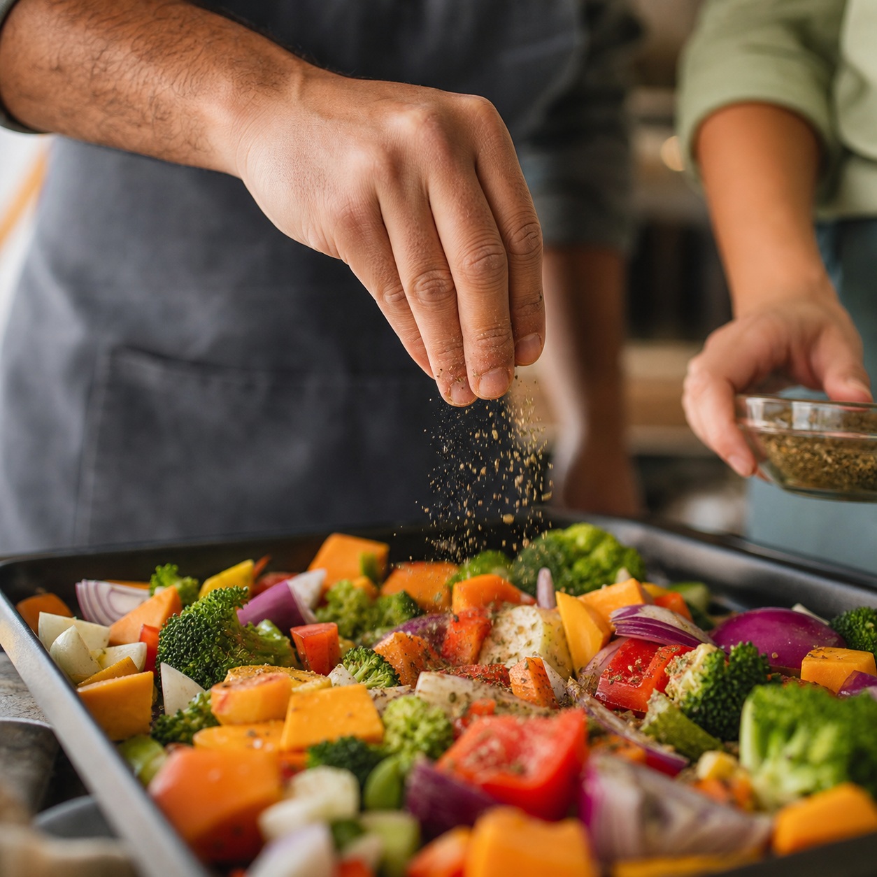 Hands sprinkling seasoning over a tray of colorful chopped salad vegetables