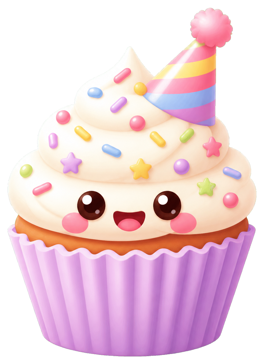 Cute frosted cupcake with sprinkles and a party hat