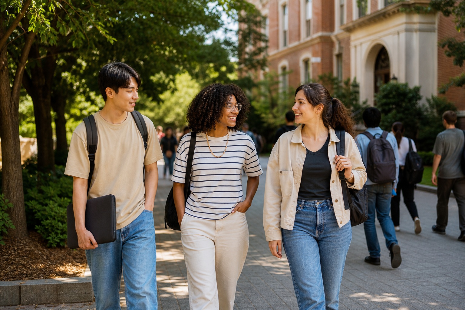 Three college students walking together on a campus path outdoors.