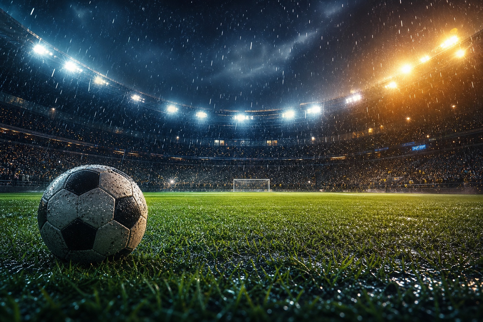 Soccer ball on rainy turf inside a brightly lit stadium at night