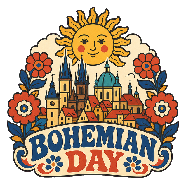 Retro Bohemian Day sticker with Prague skyline, sun, and floral decorations