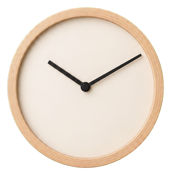 Round wall clock with light face and wooden frame, shown as a sticker graphic.
