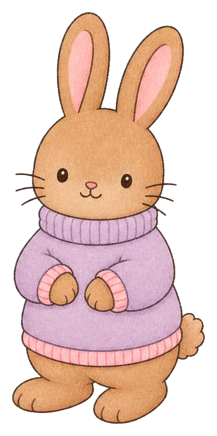 Cute rabbit wearing a cozy purple sweater with pink trim and long ears