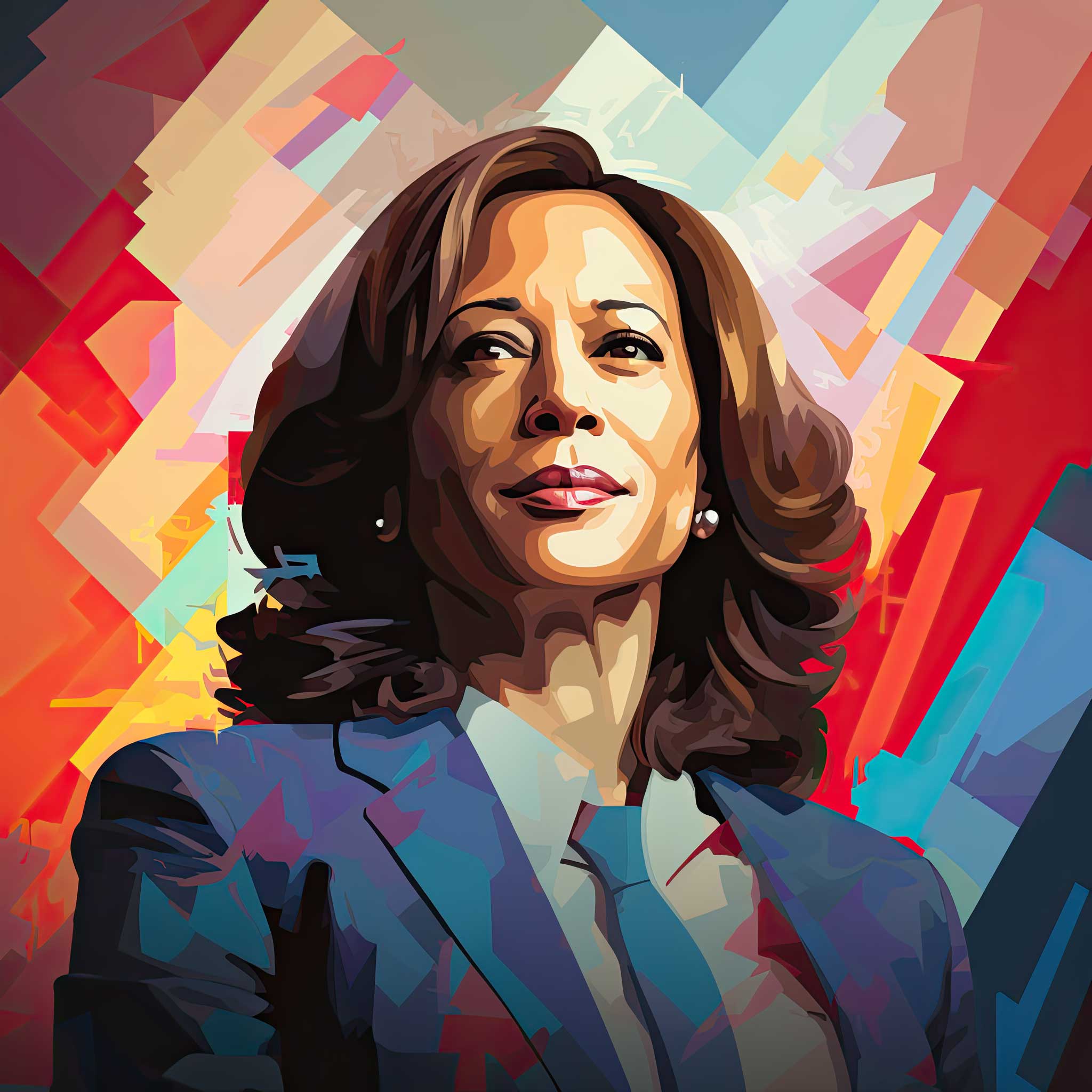 Stylized portrait of Kamala Harris against a colorful geometric background.