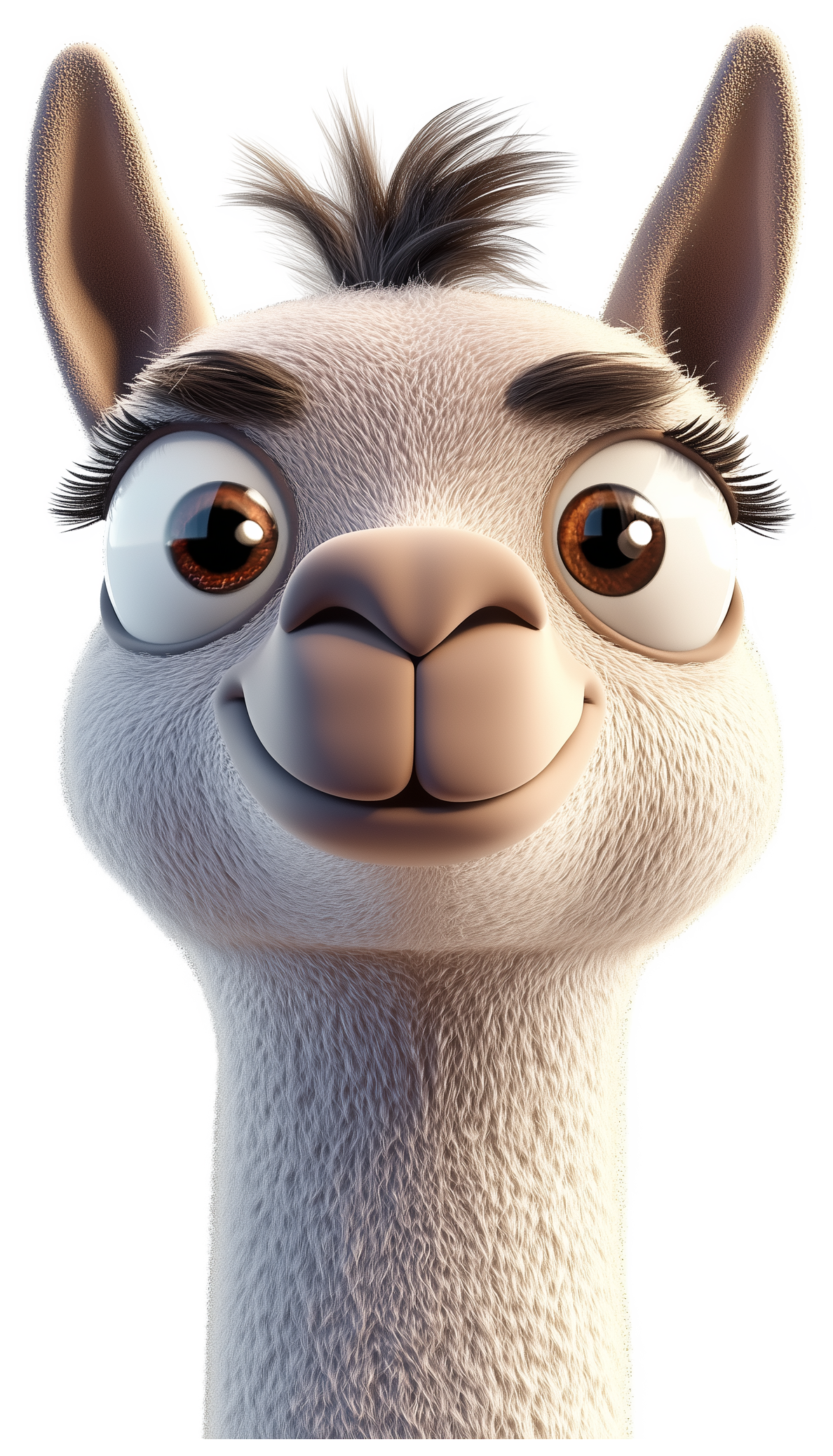 Cute 3D cartoon llama face with big eyes and upright ears
