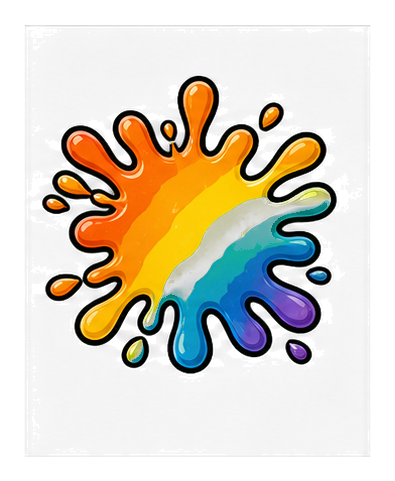 Rainbow paint splash sticker with bright multicolor drips on a dark background
