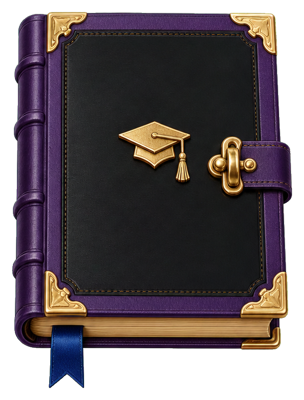 Purple scrapbook book with gold corners, clasp, and graduation cap emblem