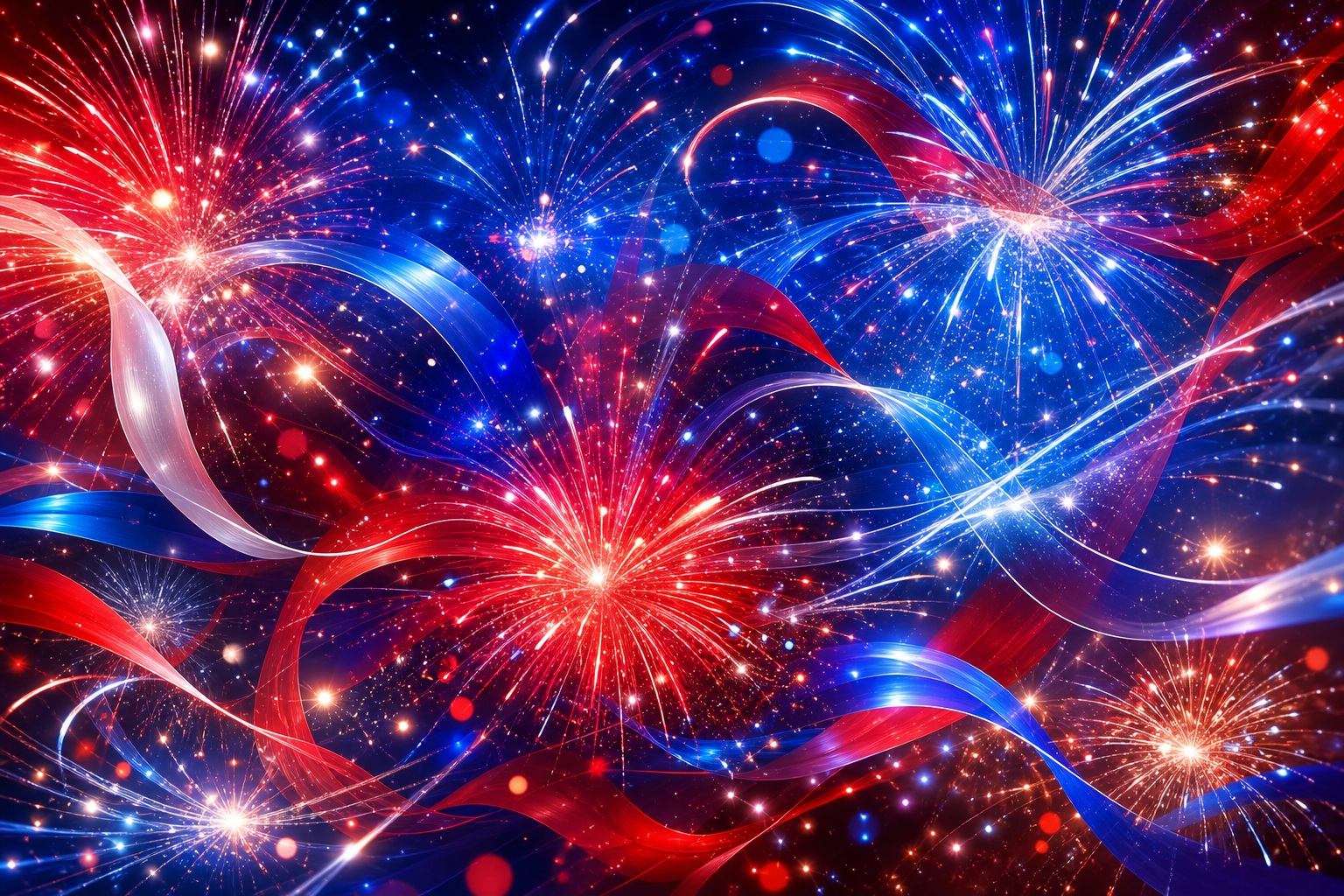 Abstract red, white, and blue fireworks with glowing ribbon-like swirls