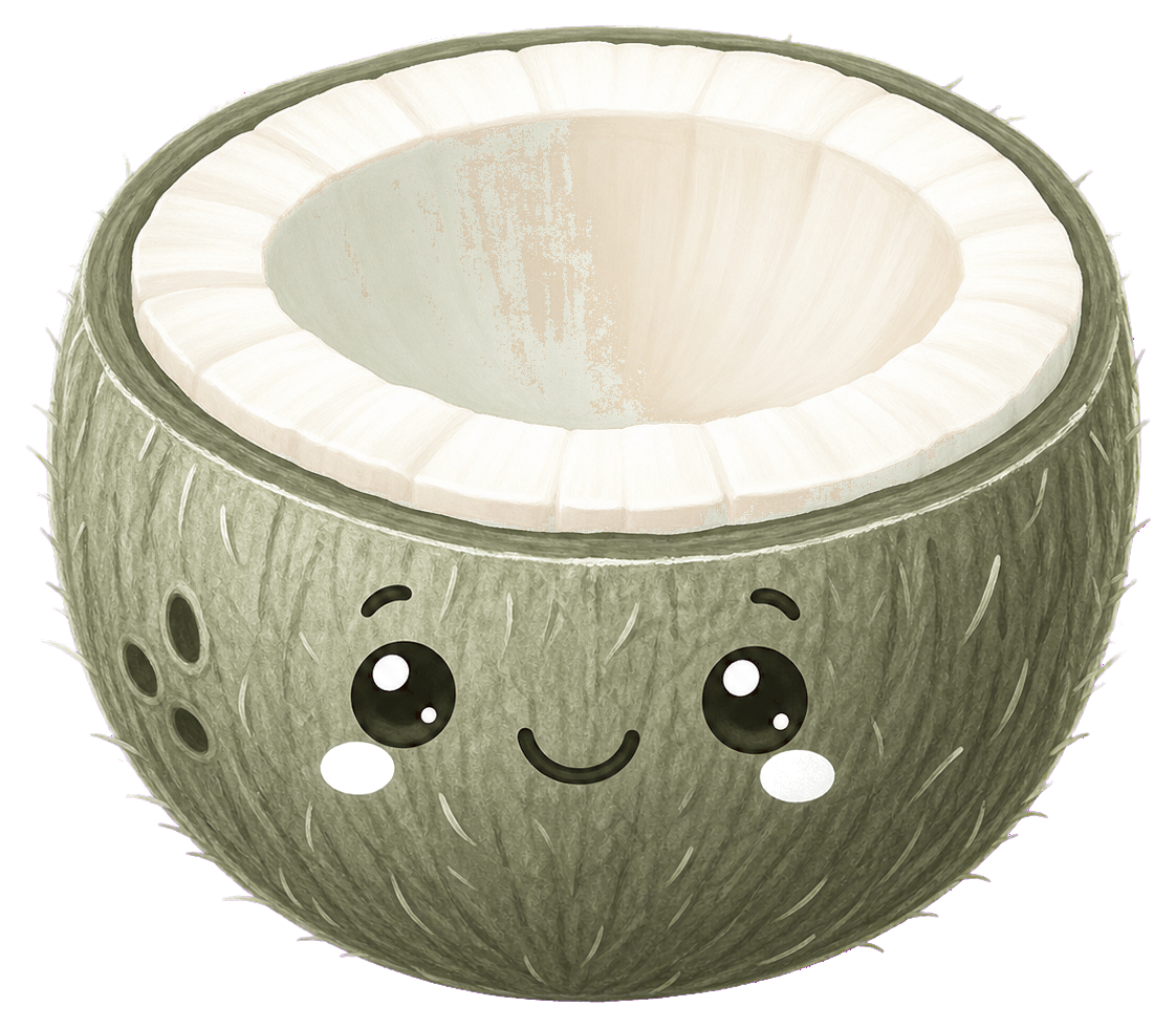 Cute smiling coconut half with a face and green shell