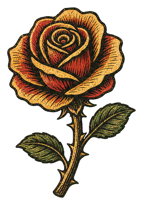 Ochre carved woodblock rose with green leaves and thorned stem