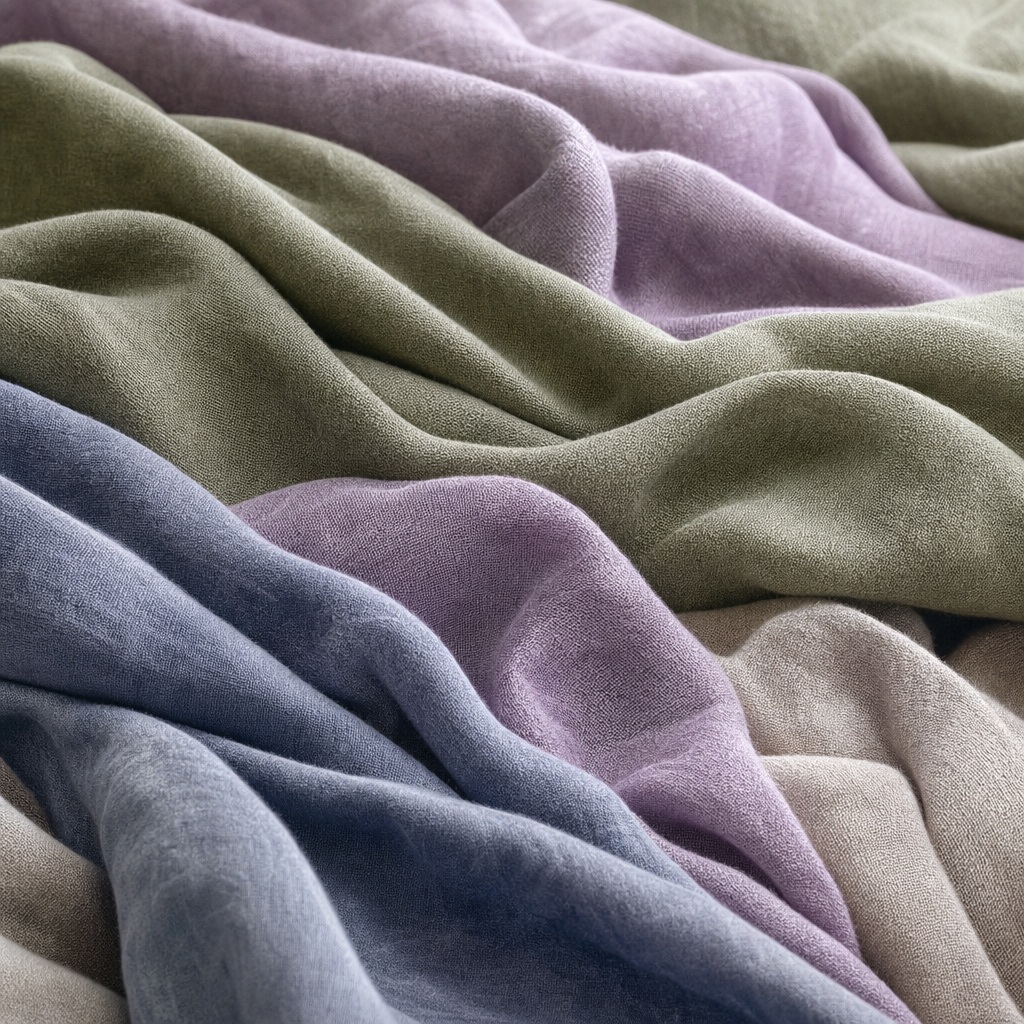 Soft sage, lavender, and blue fabric folds with a brushed textured surface.