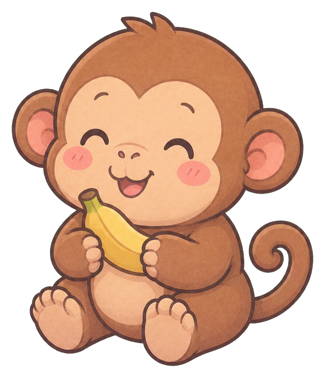 Cute pastel capuchin monkey holding a banana with rosy cheeks and a smiling face