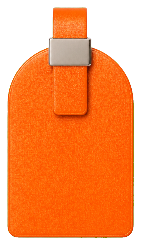 Orange leather luggage tag with a metal loop and rounded rectangular shape