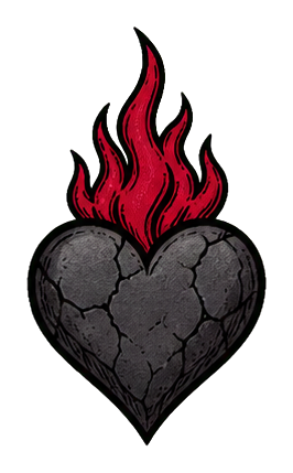 A cracked dark heart with bright red flames rising from the top.