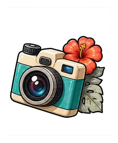 Retro camera with a tropical flower and green leaves