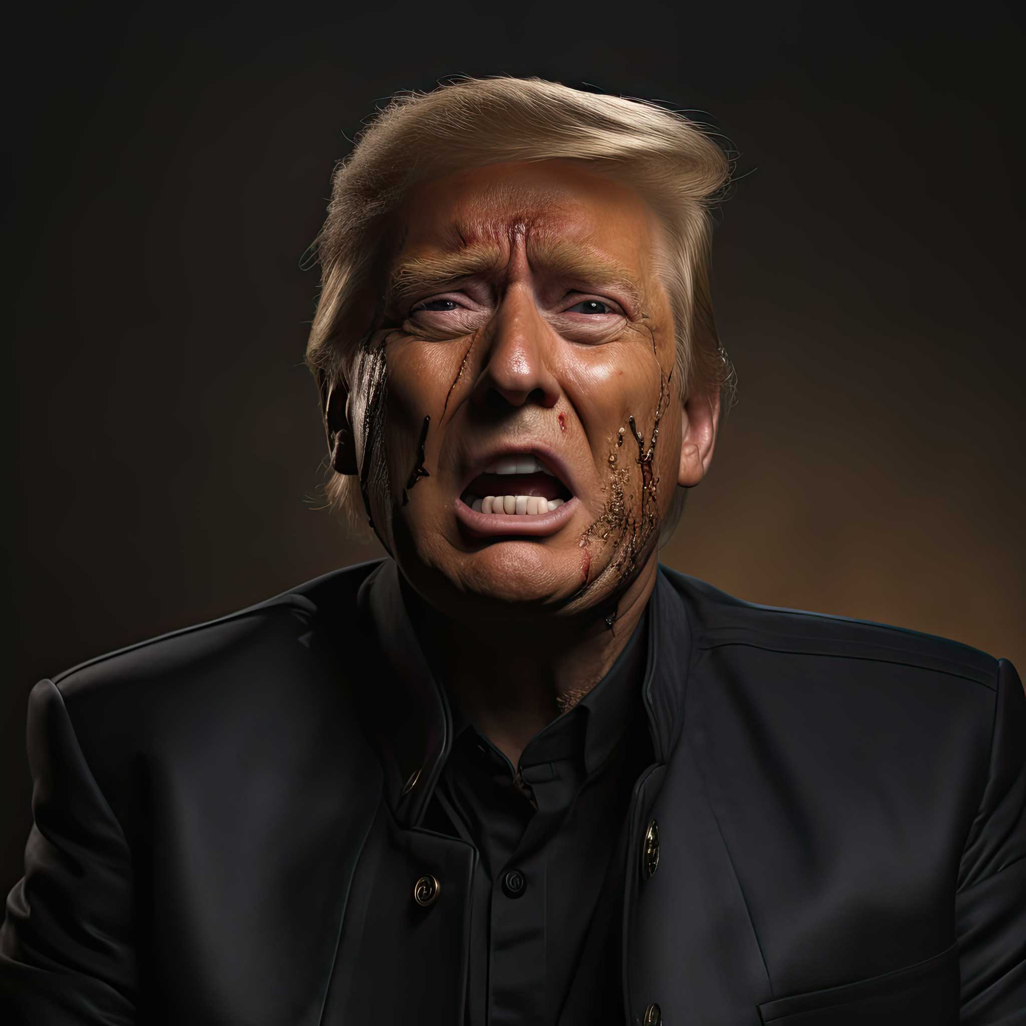 Dramatic portrait of Donald Trump against a dark background.