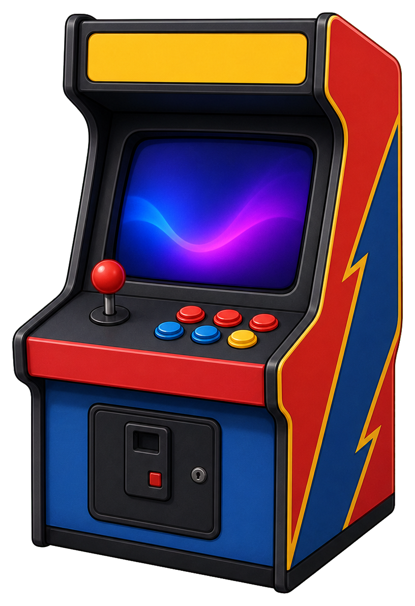 Colorful arcade cabinet sticker with joystick, buttons, and blue screen glow
