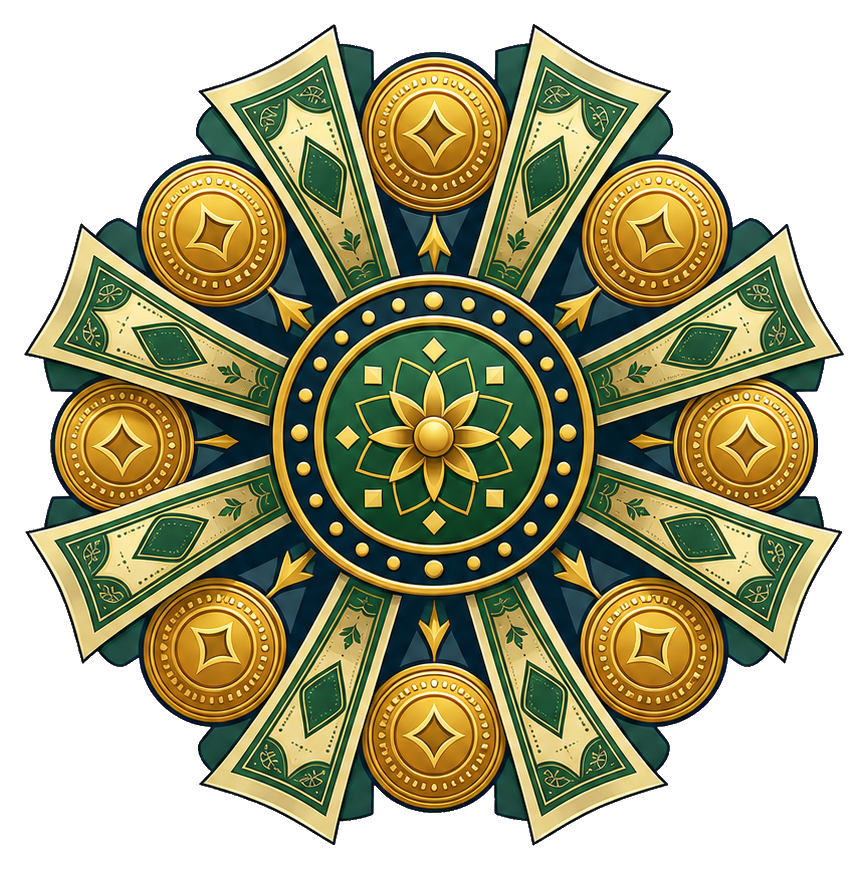 Gold medallion surrounded by dollar bill rays and coin accents