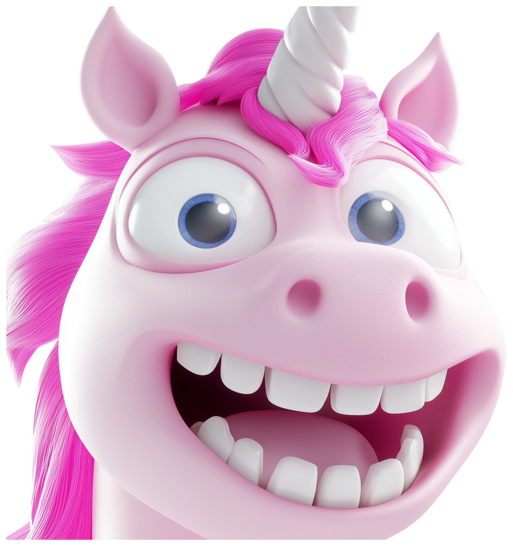 Pink cartoon unicorn head with a horn, big eyes, and a wide smiling mouth.