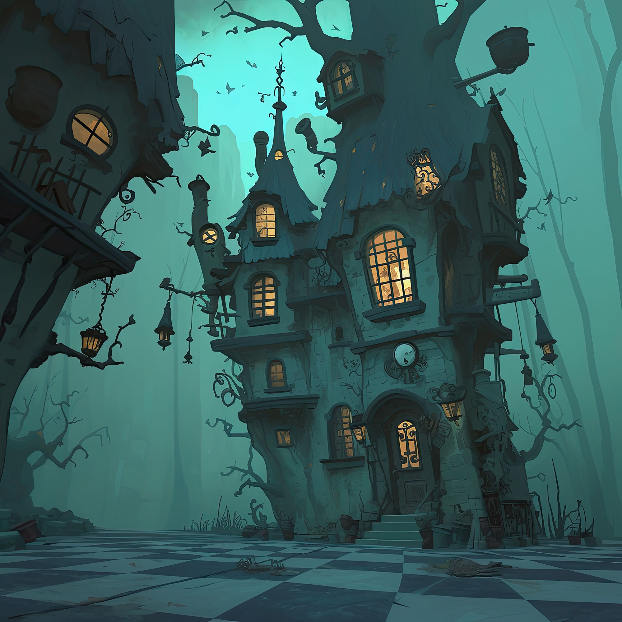 Preview for Whimsical-treehouse-village-spooky-backdrop-background-bef6b