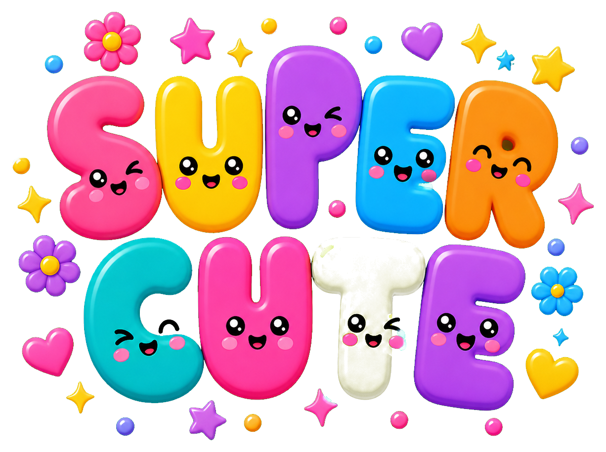 Colorful bubbly Super Cute word art with flowers, stars, hearts, and sparkles.